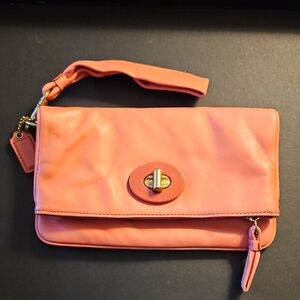 Coach Coral-Orange Leather Wristlet Clutch with Gold Hardware